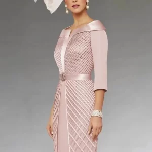 3/4 Sleeves Mother Of The Bride Dresses Sheath Knee Length Pearls Plus Size Short Groom Mother Dresses For Wedding Customized