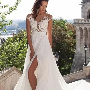 Beach Vestido De Noiva Muslim Wedding Dresses A-line Cap Sleeves Chiffon Lace Slit Boho Wedding Gown Bridal Dress Customized