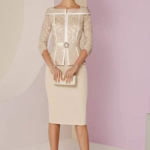 3/4 Sleeves Mother Of The Bride Dresses Knee Length Lace Pearls Plus Size Short Groom Mother Dresses For Wedding Customized