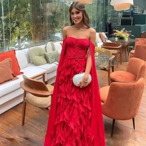 Red Strapless Chiffon Long Bespoke Occasion Gown Evening Dresses Prom Pastrol Unisex Jersey Retro Dubai Saudi Arabic Customized