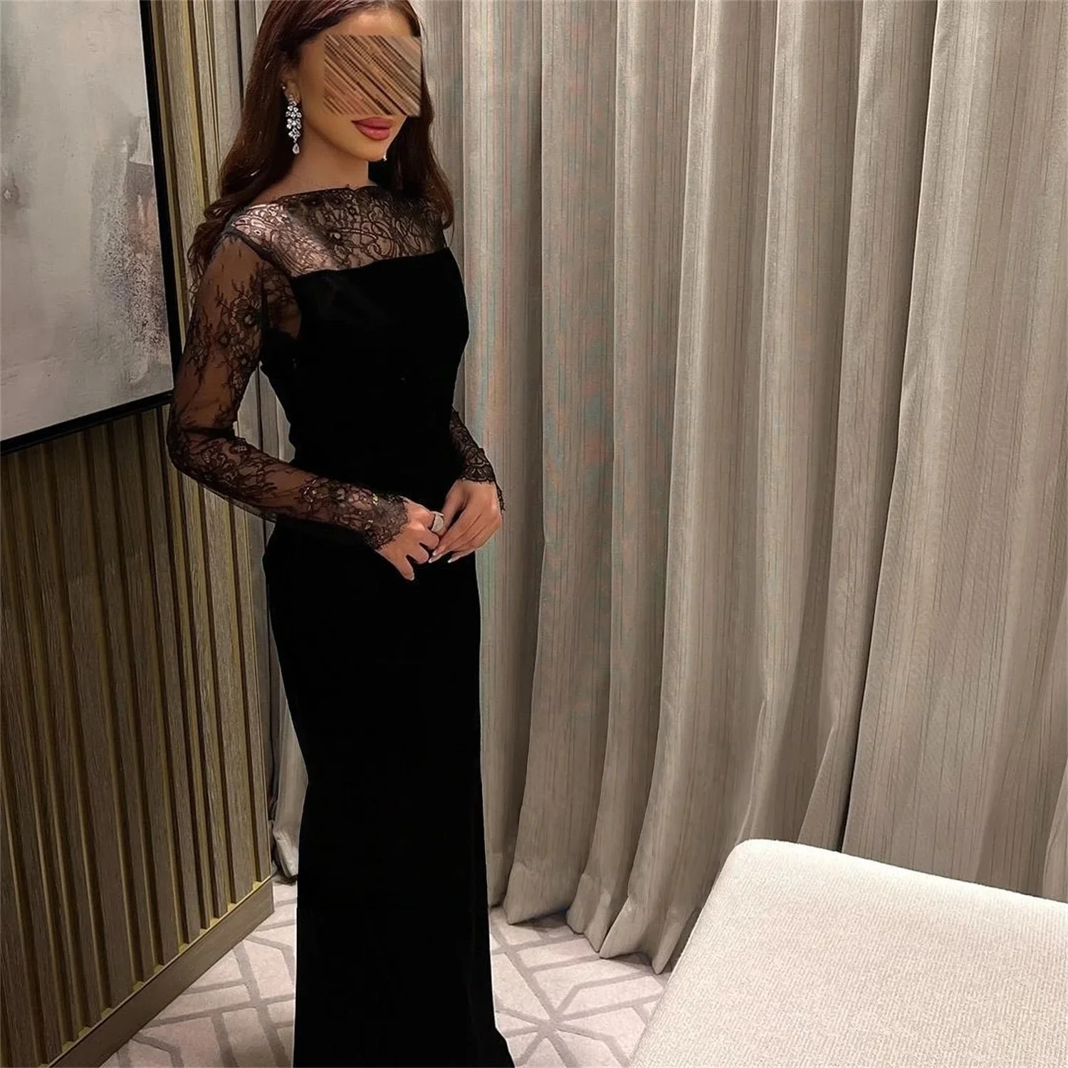 Black Lace Long Sleeves Bespoke Occasion Gown Evening Dresses Prom Pastrol Unisex Jersey Retro Dubai Saudi Arabic Customized