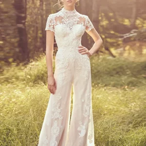 Jumpsuit Wedding Dresses Sheath High Collar Short Sleeves Appliques Beach Gown Bridal Dresses Vestido De Noiva Customized