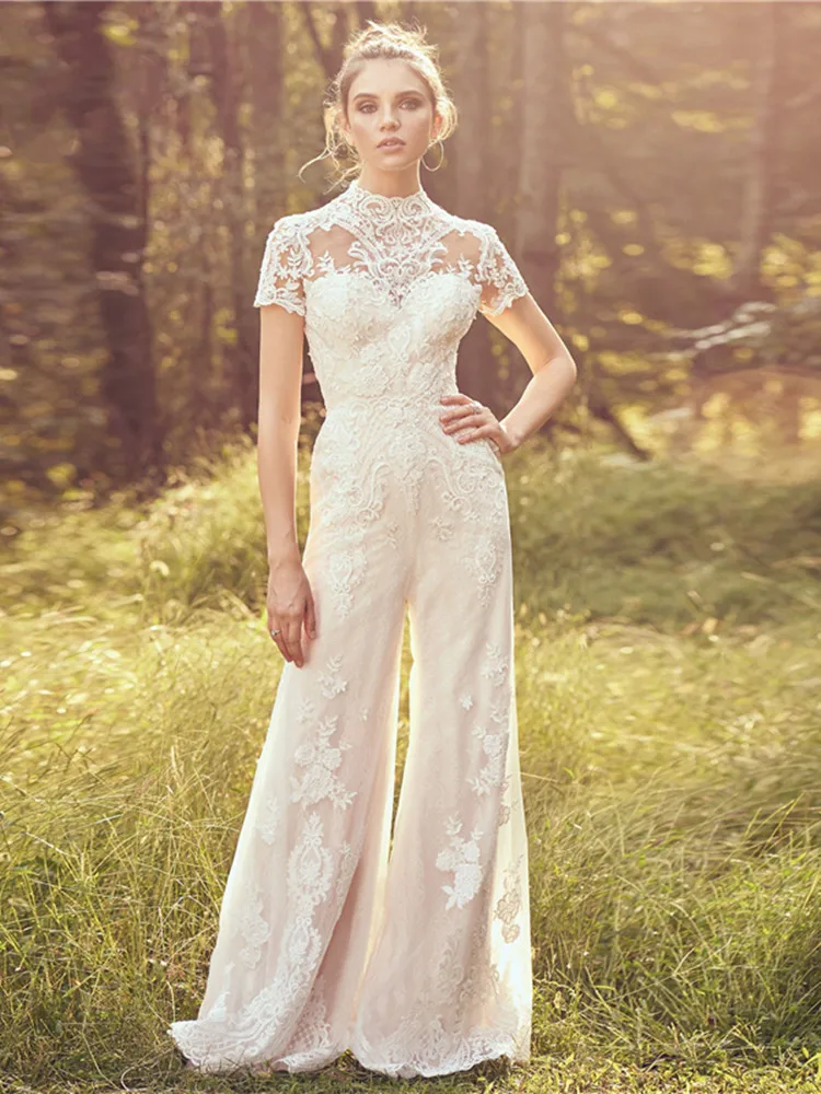 Jumpsuit Wedding Dresses Sheath High Collar Short Sleeves Appliques Beach Gown Bridal Dresses Vestido De Noiva Customized