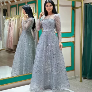 Sparkly Silver Long Sleeves Bespoke Occasion Gown Evening Dresses Prom Pastrol Unisex Jersey Retro Dubai Saudi Arabic Customized