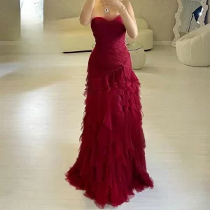 Burgundy Sweetheart Long Bespoke Occasion Gown Evening Dresses Prom Pastrol Unisex Jersey Retro Dubai Saudi Arabic Customized